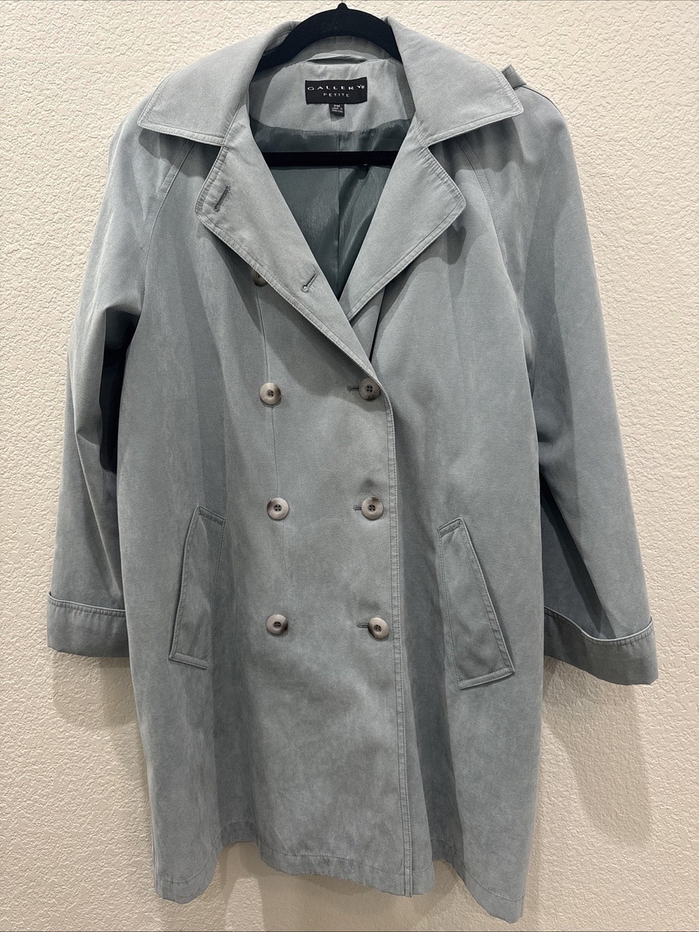 Gallery Trench Coat Women Light Blue Detachable Hood Pockets Petite Medium